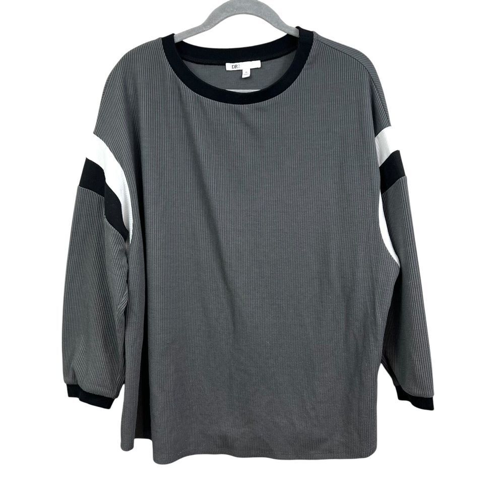 DR2 Womens Sweatshirt Stripe Round Collar Dolman Sleeves White Gray Sz 1X*